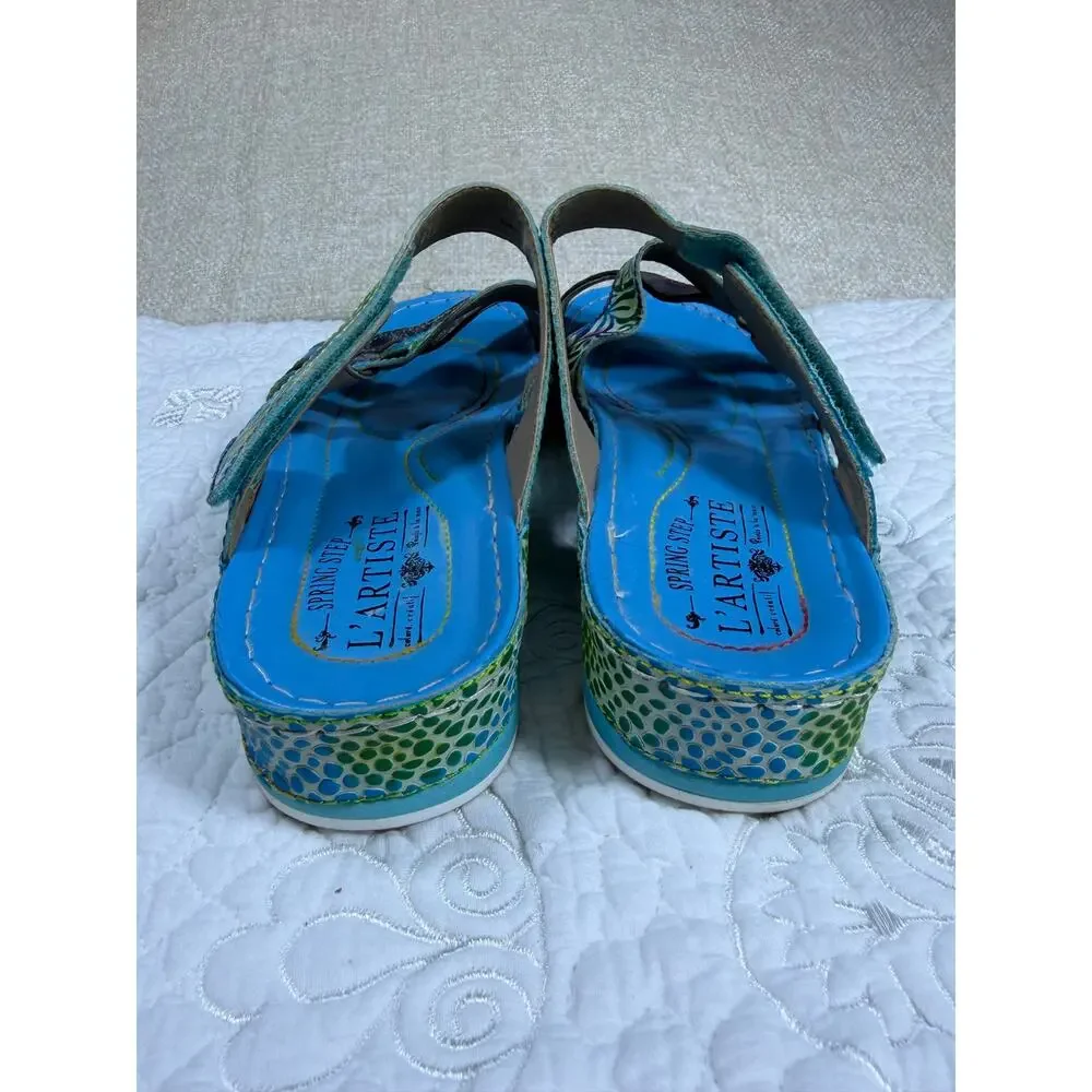 L'Artiste Women's Blue 9 Spring Step Caiman Leather Slide Comfort Sandals Shoes